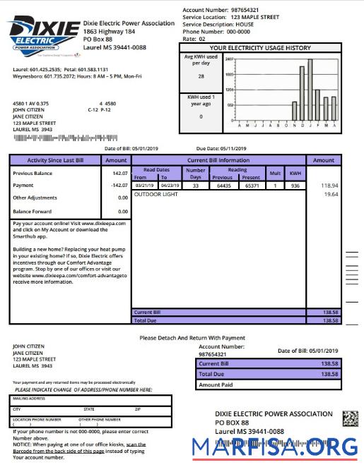 Realistic USA Mississipi Dixie Electric utility bill template in Word and PDF format